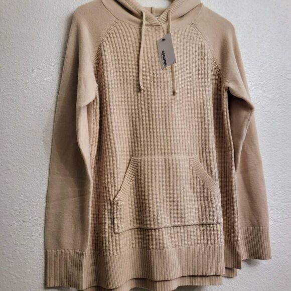 NWT Sonoma Waffle pattern Soft Hooded Sweater w/ pocket: Cream/Wheat: neutral Ba - Picture 4 of 4